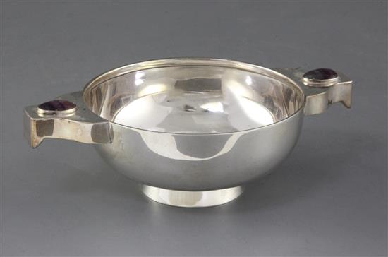 A George V silver quaich with Blue John cabochon set lug handles, A. Wilcox, 20.3cm.